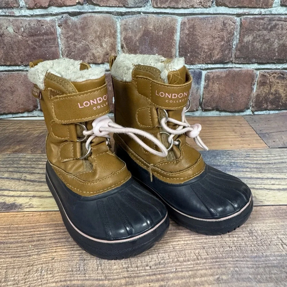 London Fog Toddler Girl Snow Boots Size 6 Pink/Tan /Blue Waterproof‎ Lined